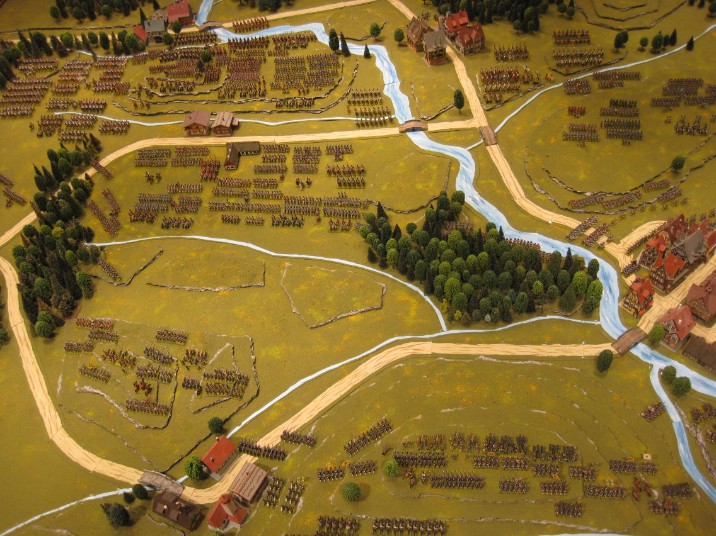 Battle of Borodino.  Overhead view from behind the Russian line.  The Great Redoubt is lower center.  The French army can be seen massed against the Russian left flank.